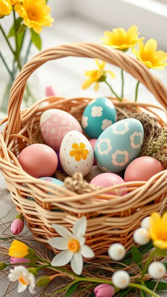 A wicker basket filled with colorful Easter eggs and flowers, creating a cheerful centerpiece.