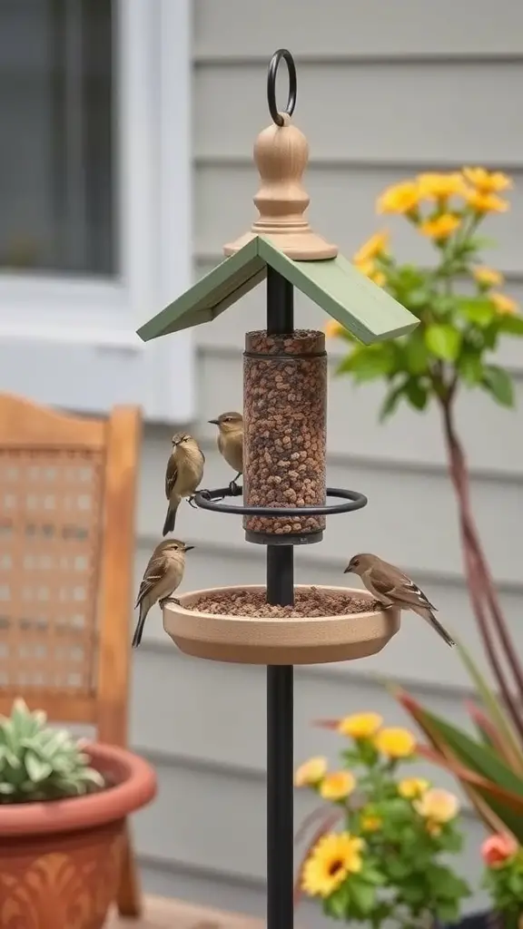 A DIY bird feeder station with birds feeding, surrounded by flowers and a cozy patio setting.