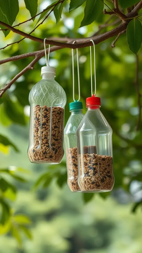 Three homemade bird feeders hanging from a tree branch, filled with seeds and capped with colorful lids.