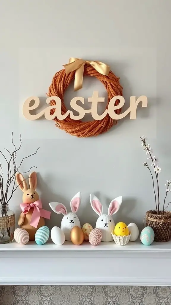 A decorated Easter mantel display with a wreath, bunny figurines, and colorful eggs.