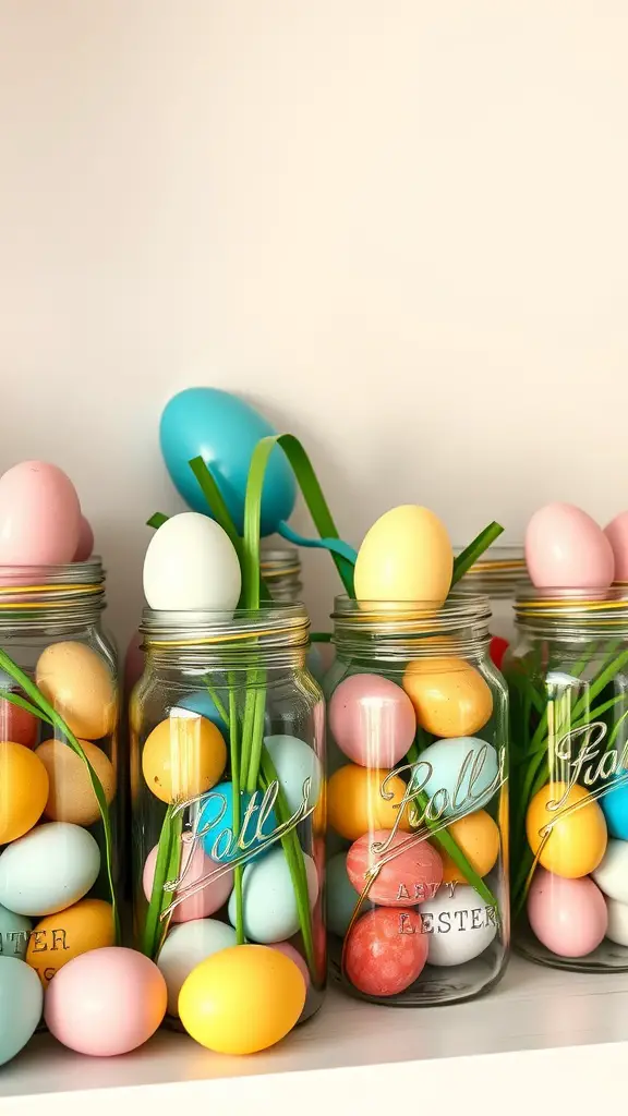 Colorful DIY Easter egg jars arranged on a shelf with green accents