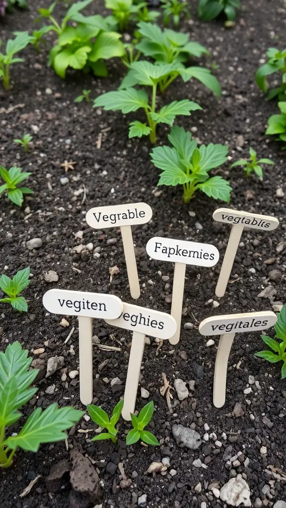 Popsicle stick garden markers in soil identifying different plants.