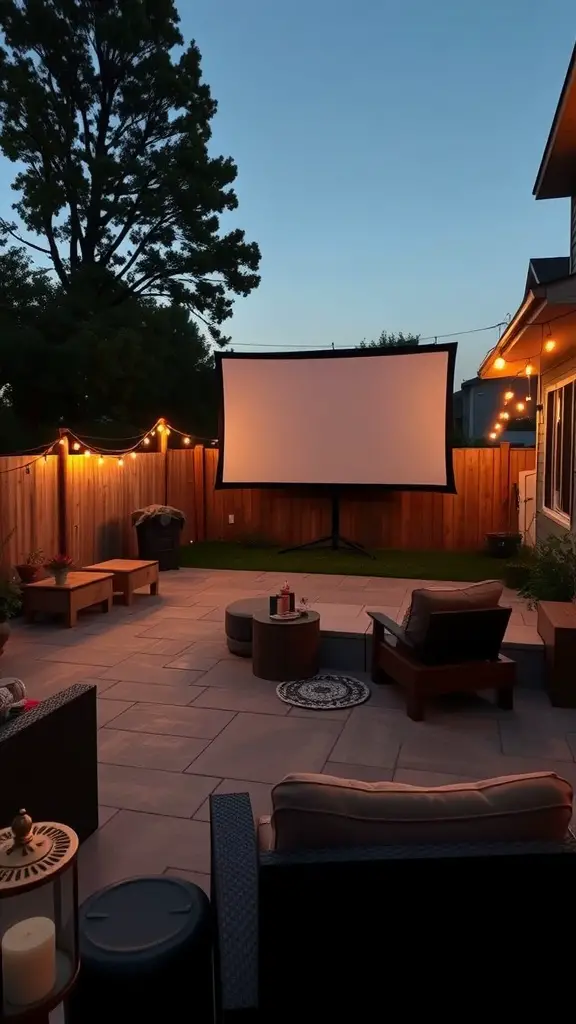 A cozy backyard with a large screen set up for an outdoor movie night, surrounded by string lights and comfortable seating.