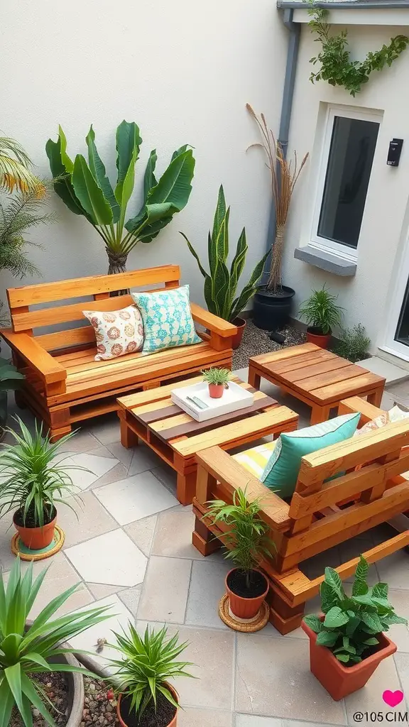 A cozy patio with DIY furniture made from wooden pallets, surrounded by potted plants.