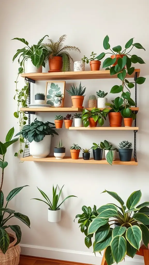 A wall-mounted shelf filled with various green plants in terracotta and ceramic pots.