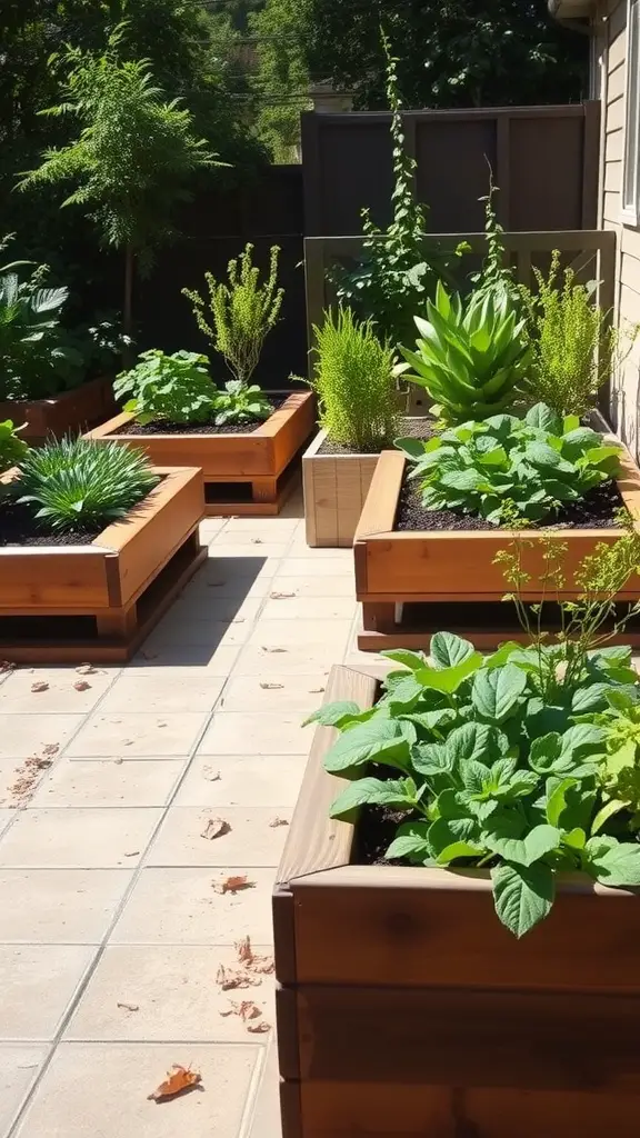 Wooden raised garden beds filled with various plants on a patio