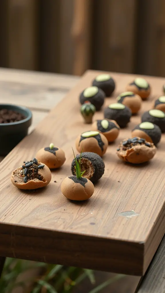 A variety of DIY seed bombs displayed on a wooden surface, some sprouting with green shoots.