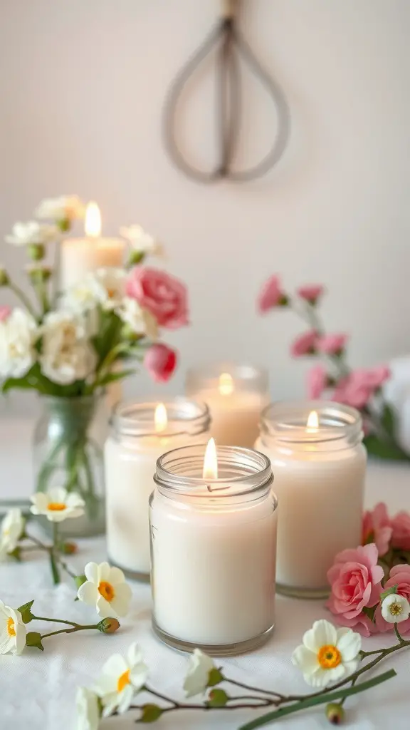 Five white candles in jars surrounded by spring flowers.