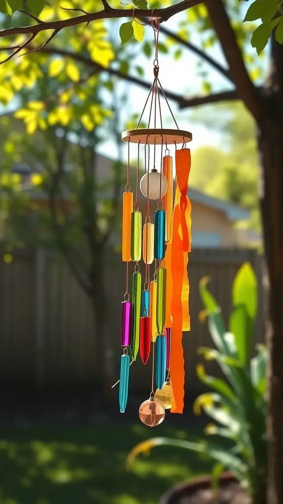 Colorful DIY wind chime hanging from a tree branch in a garden.