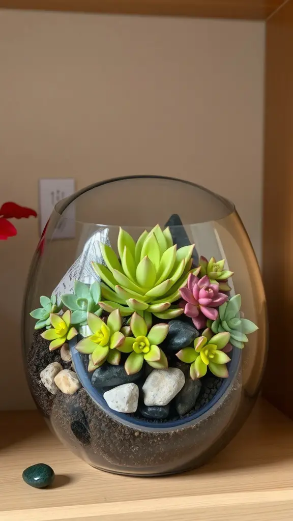 A beautifully arranged succulent terrarium in a clear glass container with colorful succulents and small stones.