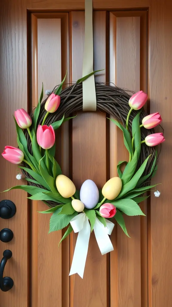 A decorative tulip and egg wreath hanging on a wooden door.