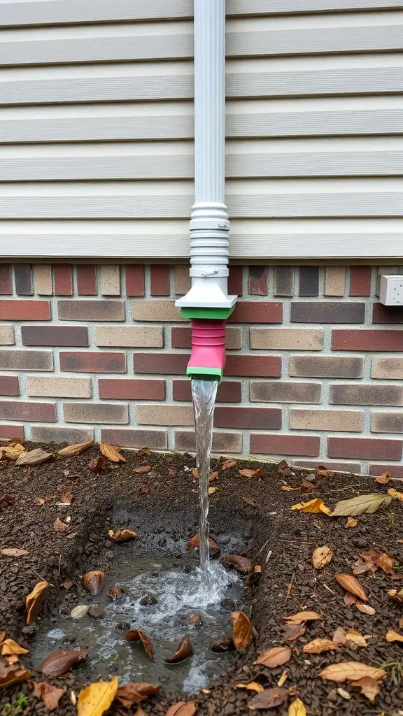 A downspout extension directing water away from the house into a small trench