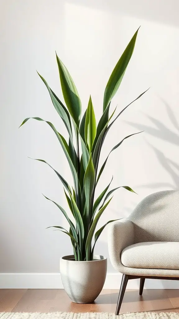 15 Indoor Corner Plants That Make Any Room Look Stylish! 8 A tall Dracaena plant in a modern pot next to a stylish chair, enhancing the indoor space.