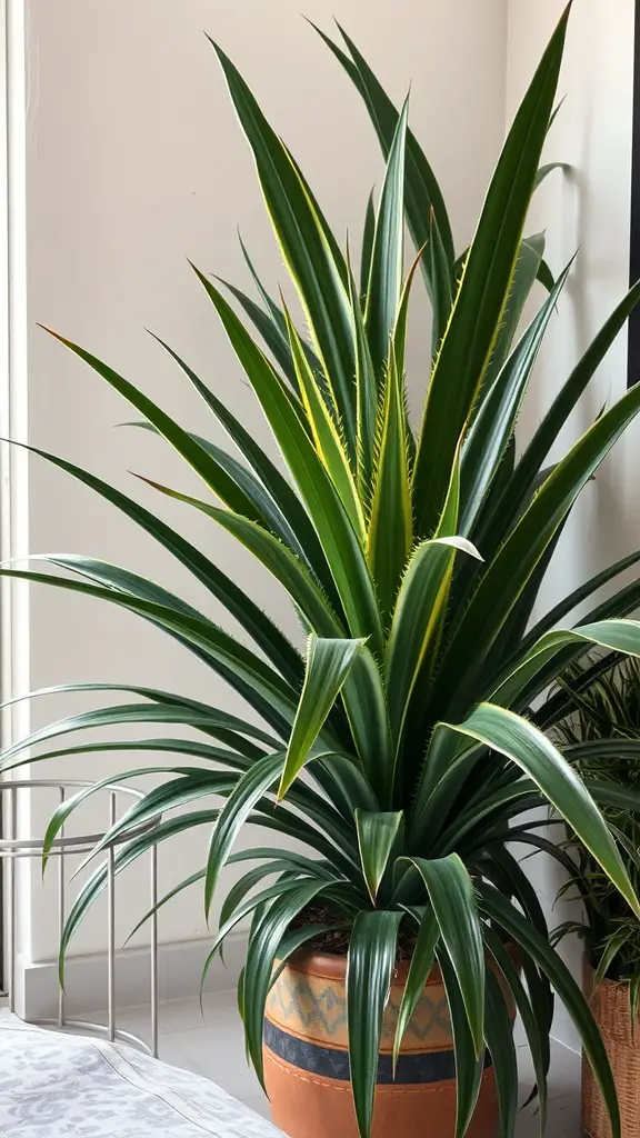 21 Low Light Indoor Plants for Cozy Spaces 13 A tall Dracaena Marginata plant in a decorative pot, showcasing long green leaves with red edges.
