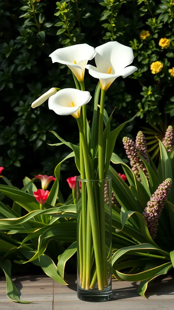 25 Beautiful Flowers Perfect for Container Gardening 20 A cluster of white calla lilies in a clear vase surrounded by green foliage and pink flowers