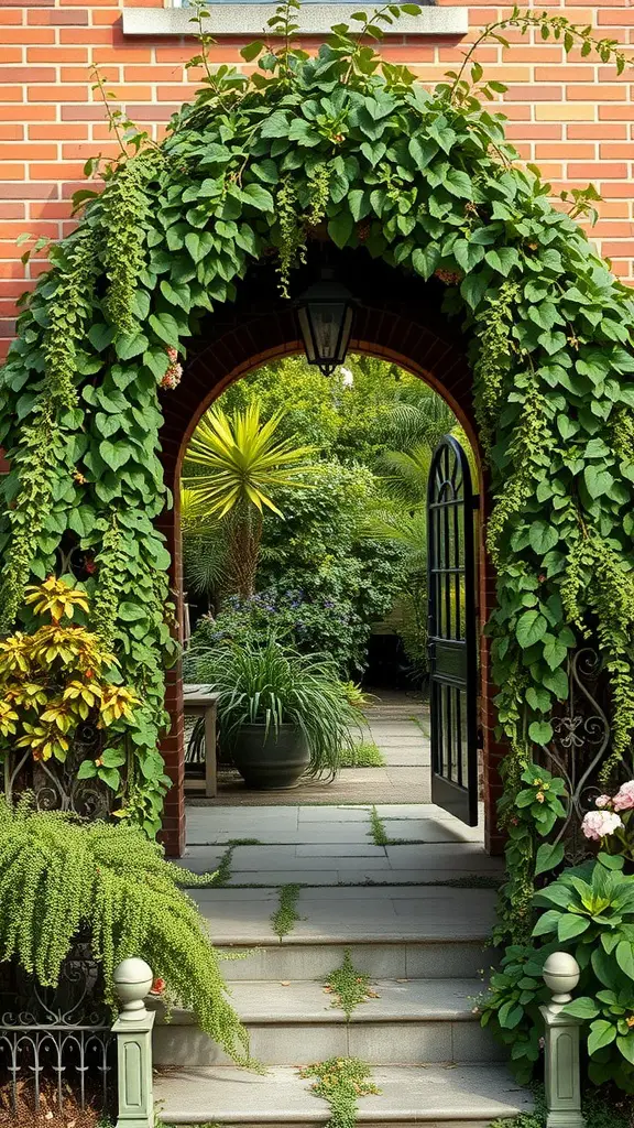 27 Stunning Front Garden Ideas to Transform Your Curb Appeal 17 A lush green archway with vines leading to a garden, featuring a brick wall and dark gate.