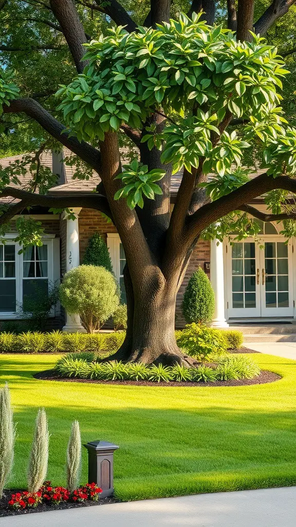 25 Stunning Front Yard Landscaping Ideas to Elevate Your Curb Appeal 24 A large leafy tree stands prominently in a well-maintained front yard with green grass and colorful flowers.