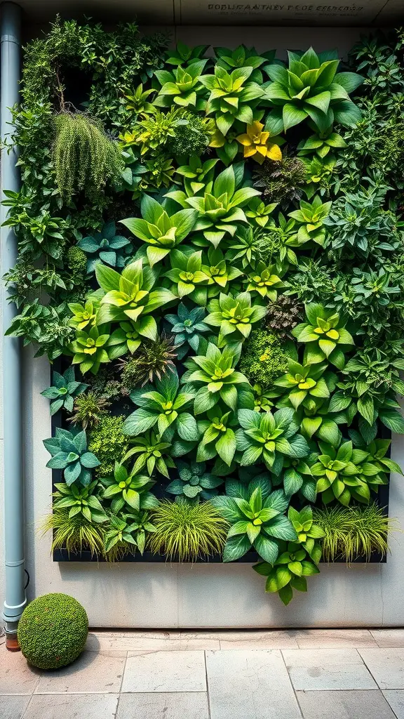 27 Stunning Front Garden Ideas to Transform Your Curb Appeal 6 A lush vertical garden filled with various green plants on a wall.