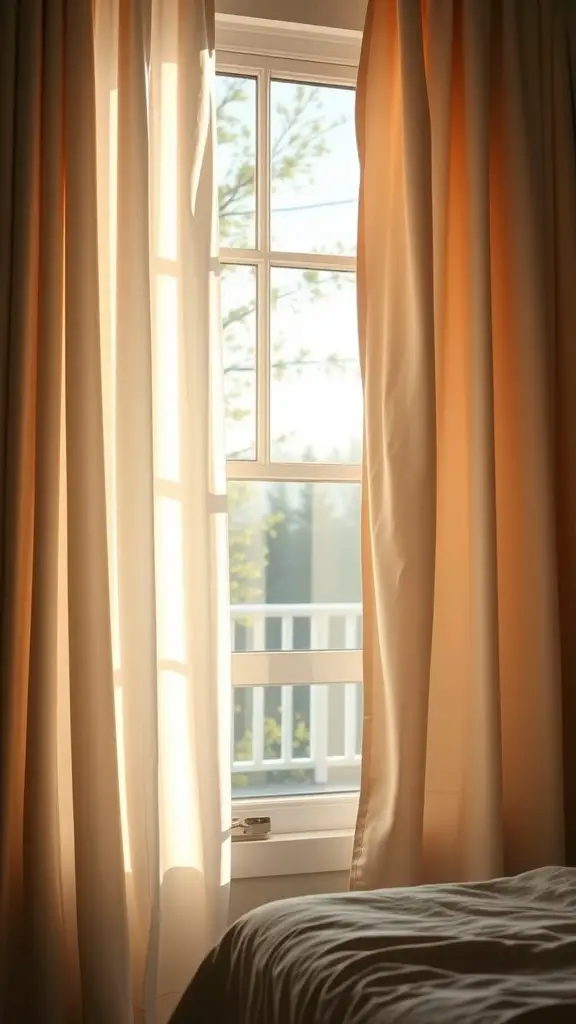 Sunlight streaming through softly draped curtains by a window