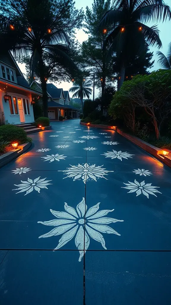 A driveway with artistic concrete designs featuring floral patterns illuminated by soft lighting and surrounded by palm trees.