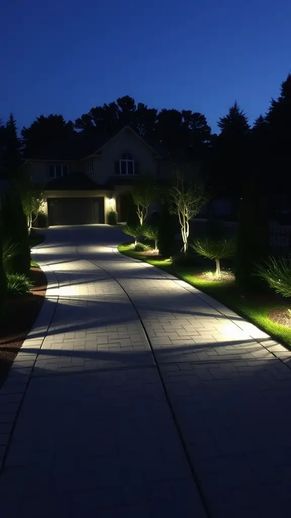 A well-lit driveway at night, featuring integrated lighting that highlights the path and surrounding greenery.