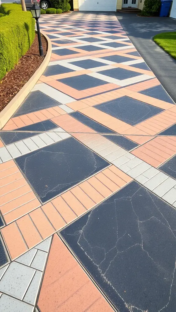 19 Creative Driveway Ideas to Enhance Your Curb Appeal 15 A driveway featuring a unique pattern with alternating colors and shapes.