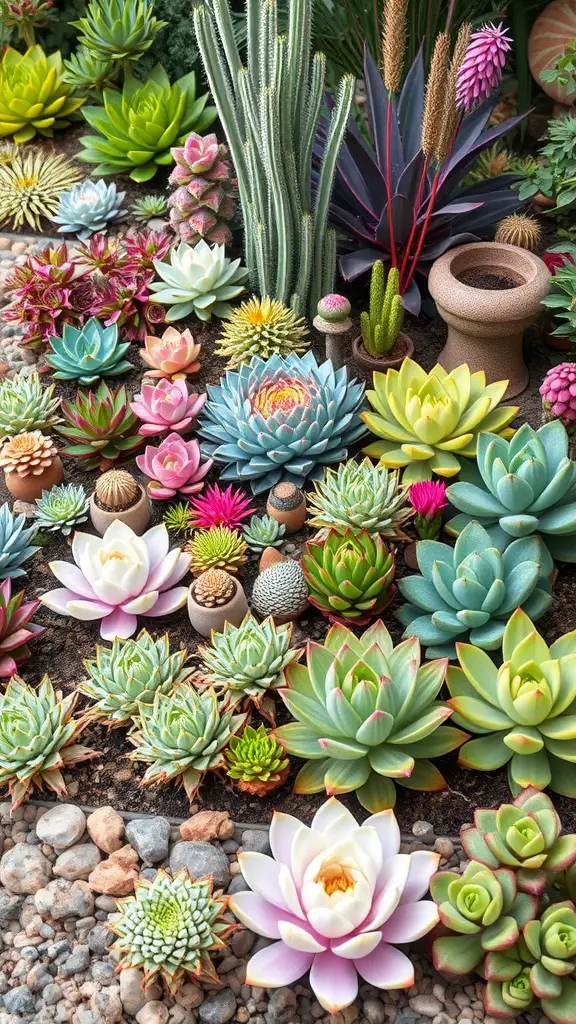 A colorful display of various succulents arranged in a drought-resistant garden.