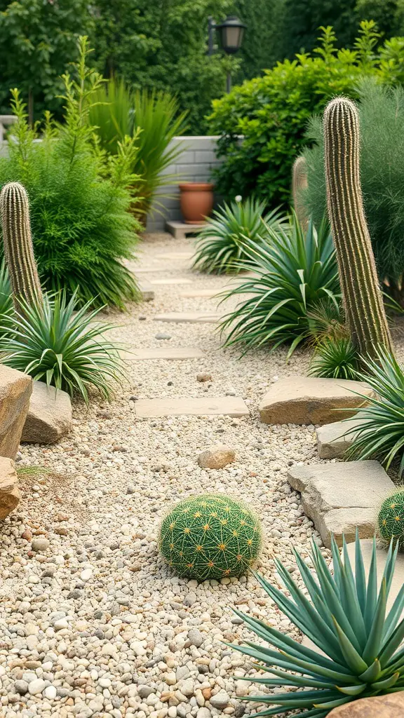 A drought-tolerant garden path featuring cacti, succulents, and gravel.