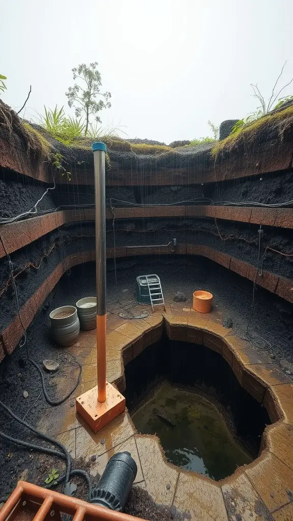 A circular dry well designed for stormwater management, surrounded by greenery and features such as a pump and planters.