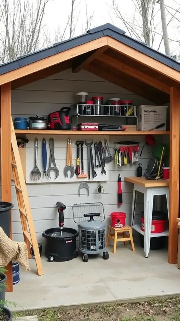 23 Stunning Garden Shed Exterior Ideas to Transform Your Backyard 21 A dual-purpose garden shed featuring organized tools on shelves and a workspace.