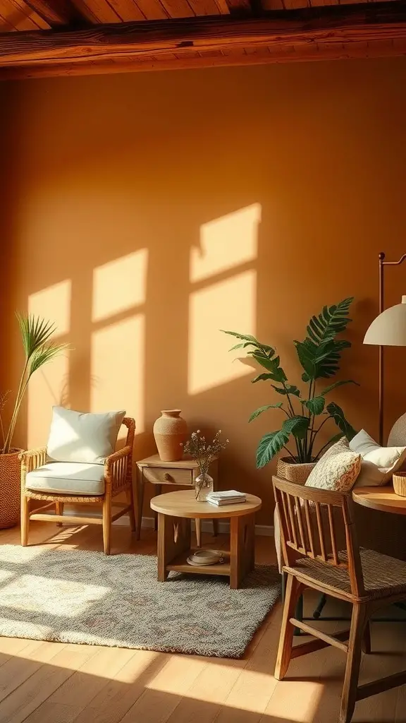 A cozy, earthy room with terracotta walls, wooden furniture, and greenery.