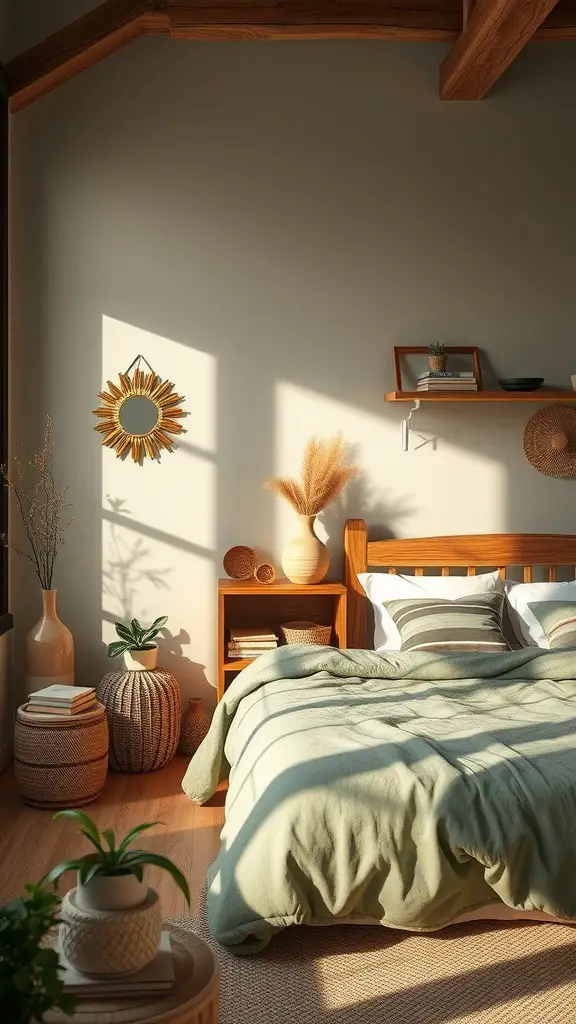 A cozy forestcore bedroom featuring earthy tones, natural textures, and sunlight filtering through the window.