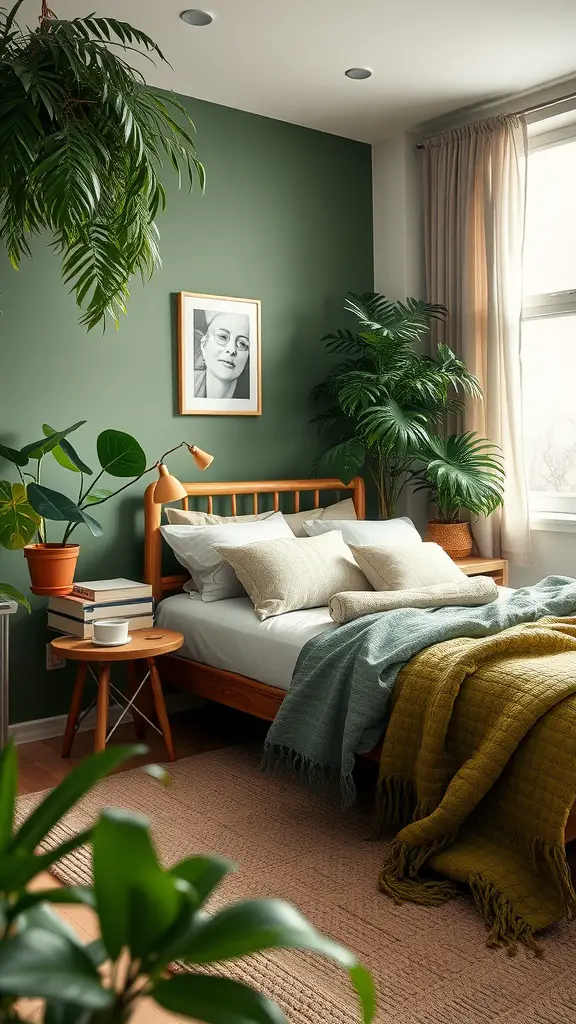 A cozy bedroom featuring an earthy color palette with plants, warm bedding, and natural decor.