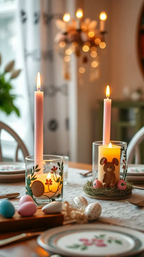 Easter-themed candle holders on a table with pastel eggs and a cozy ambiance