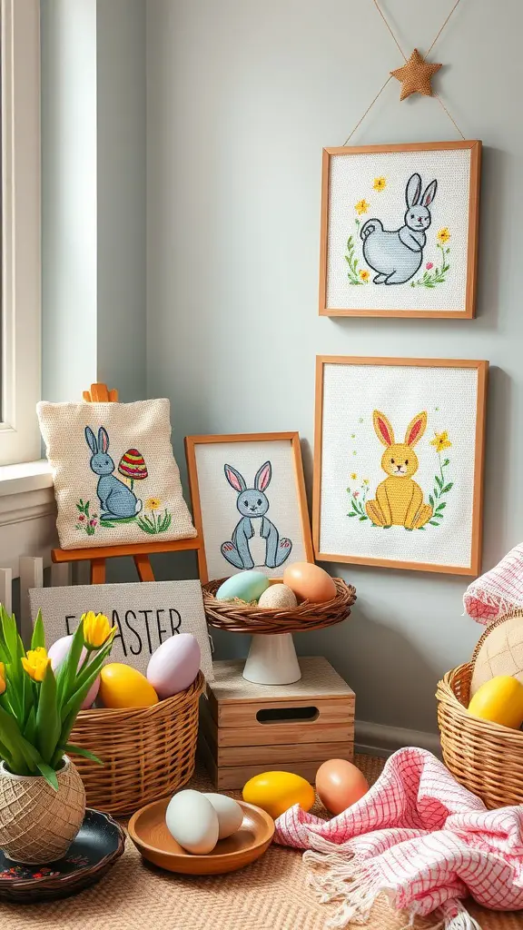 Colorful Easter-themed cross-stitch projects featuring bunnies and eggs, surrounded by decorative baskets and painted eggs.