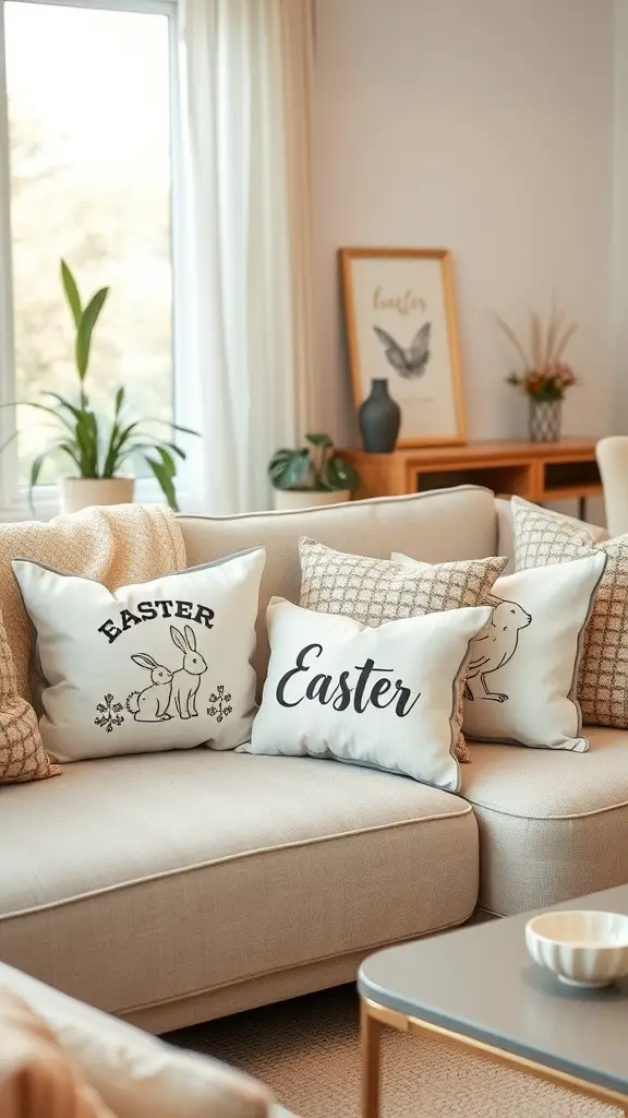 Decorative pillows with Easter themes on a couch