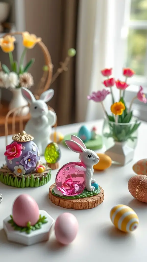 Colorful Easter-themed resin art pieces including bunnies, decorated eggs, and flowers on a table.