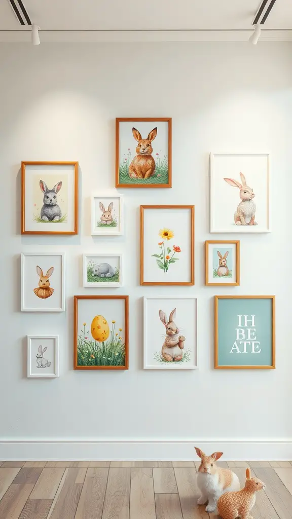 A collection of Easter-themed wall art featuring bunnies and flowers in wooden frames.