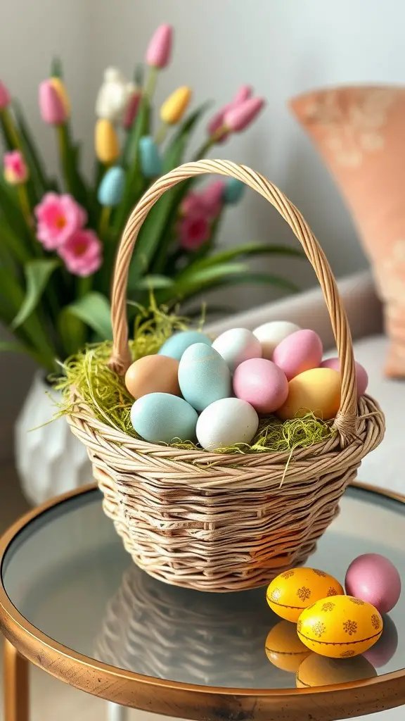 Wicker basket filled with pastel-colored eggs on a table, with tulips in the background.