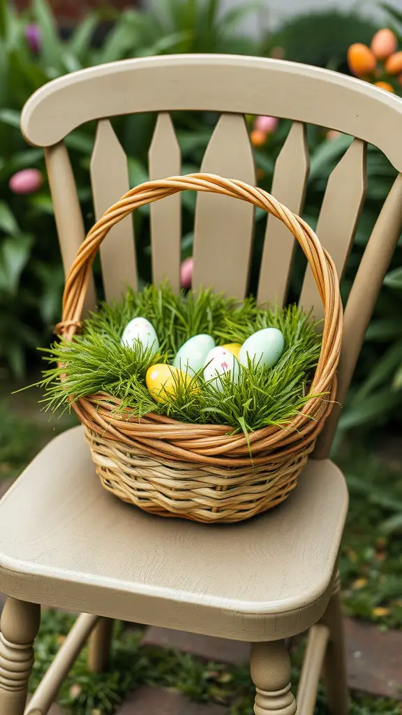 A woven basket with colorful eggs and faux grass, placed on a chair in a garden setting.