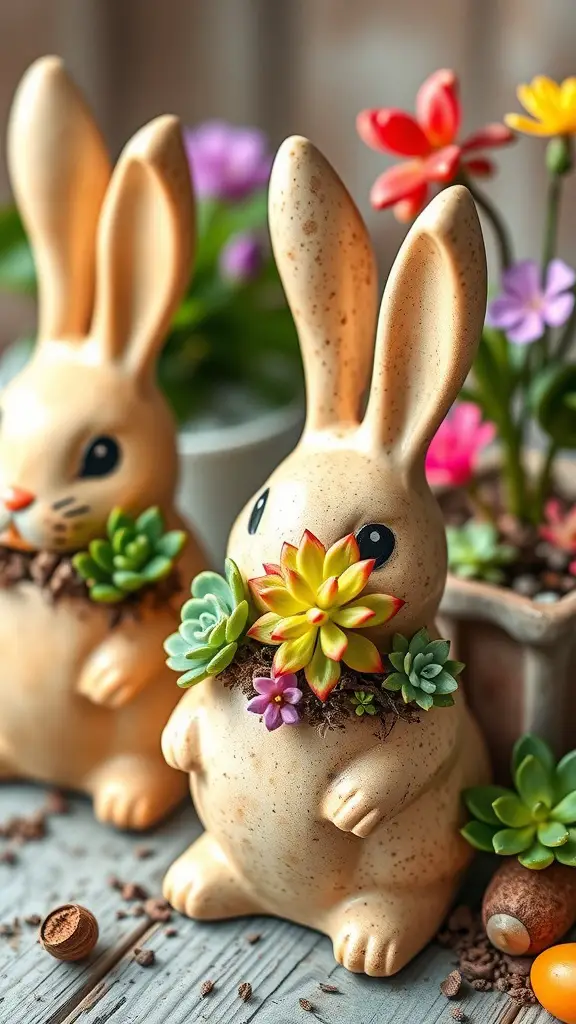 Two bunny figurines with succulents planted around their necks, surrounded by colorful flowers.