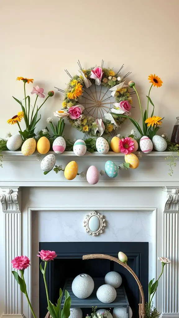 A colorful Easter Egg Garland displayed on a mantle with flowers and a wreath.