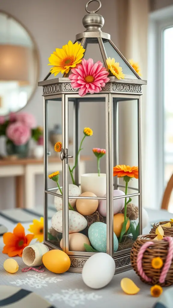 A decorative Easter lantern filled with colorful eggs and flowers