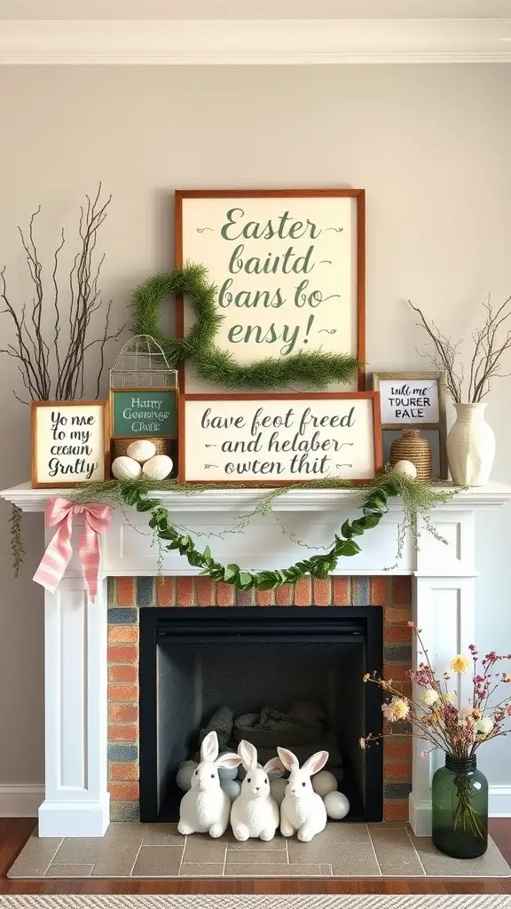 Easter themed mantel with signs and decorative elements.