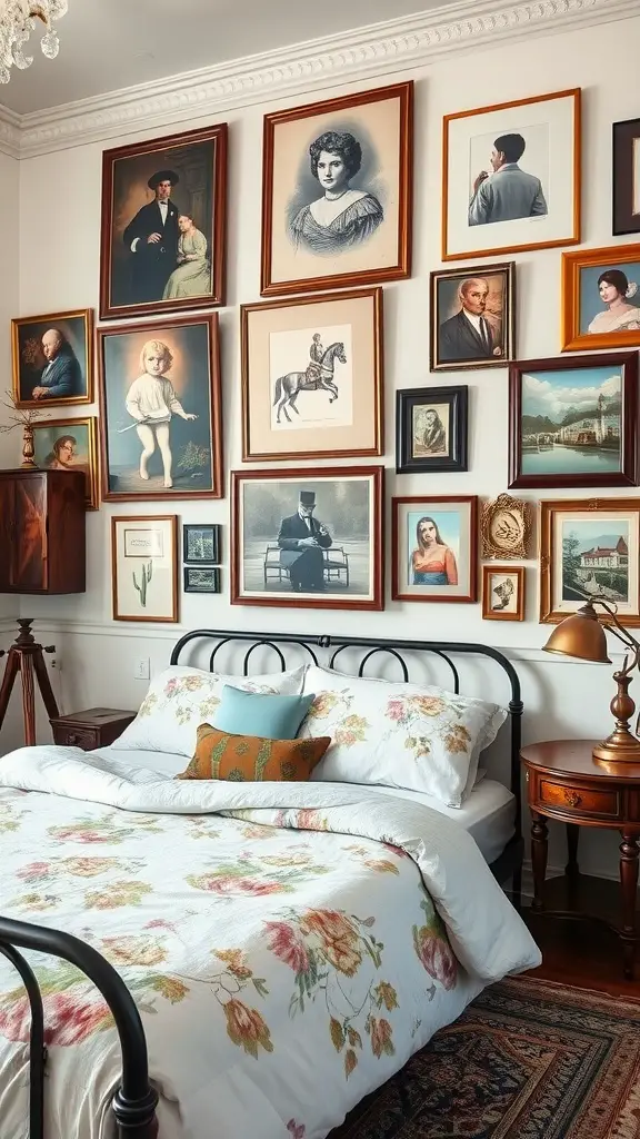 A vintage bedroom with a gallery wall of eclectic artwork, featuring various portraits and landscapes, complemented by cozy bedding.