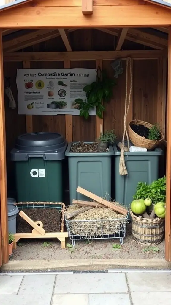27 Stunning Garden Shed Interiors to Inspire Your Outdoor Space 28 An organized compost station inside a garden shed, featuring green compost bins, a guide poster, and various composting tools.