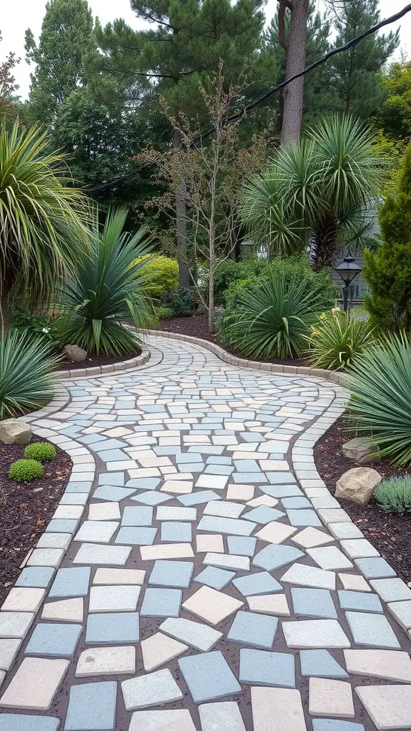 19 Creative Driveway Ideas to Enhance Your Curb Appeal 17 A winding stone pathway with blue and gray tiles surrounded by lush greenery.