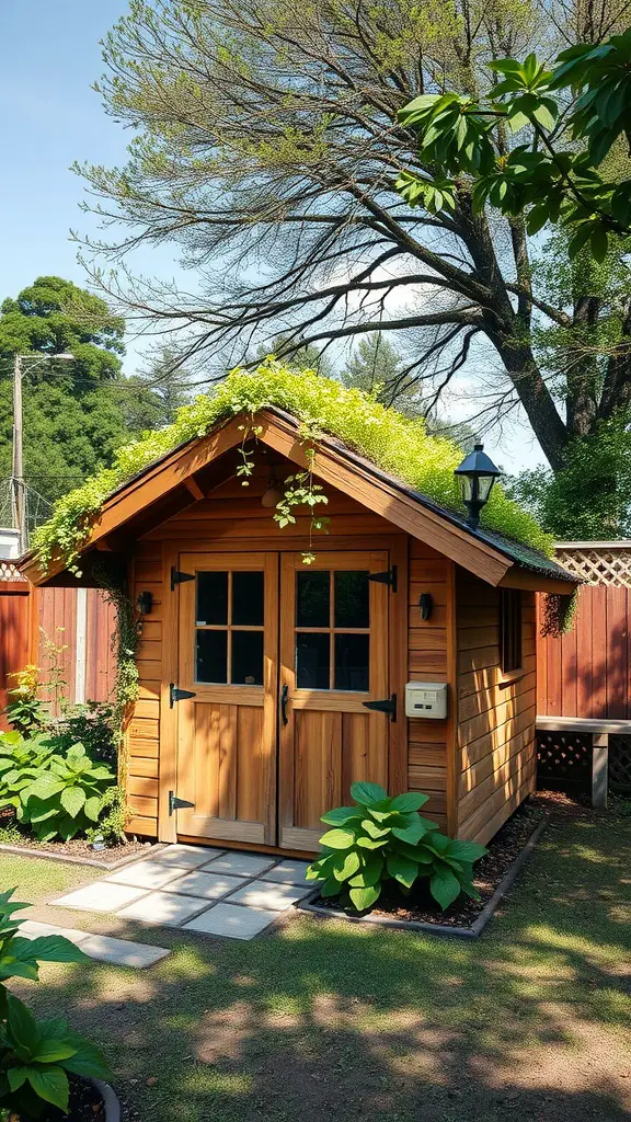 23 Stunning Garden Shed Exterior Ideas to Transform Your Backyard 2 A wooden garden shed with a green roof, surrounded by plants and a stone path.