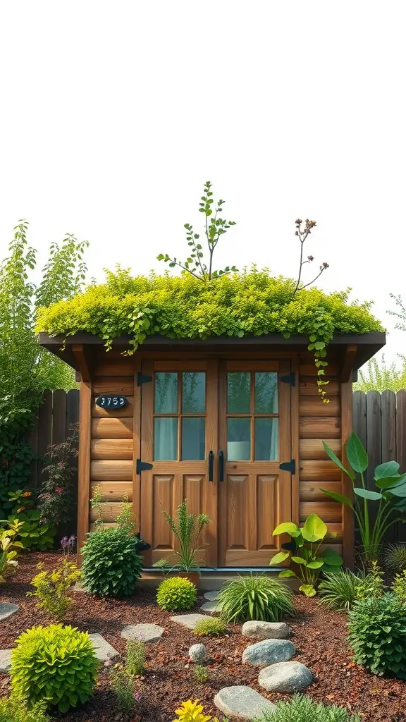 25 Creative Garden Shed Ideas for Your Outdoor Space 2 A wooden garden shed with a green roof, surrounded by lush plants and stones.