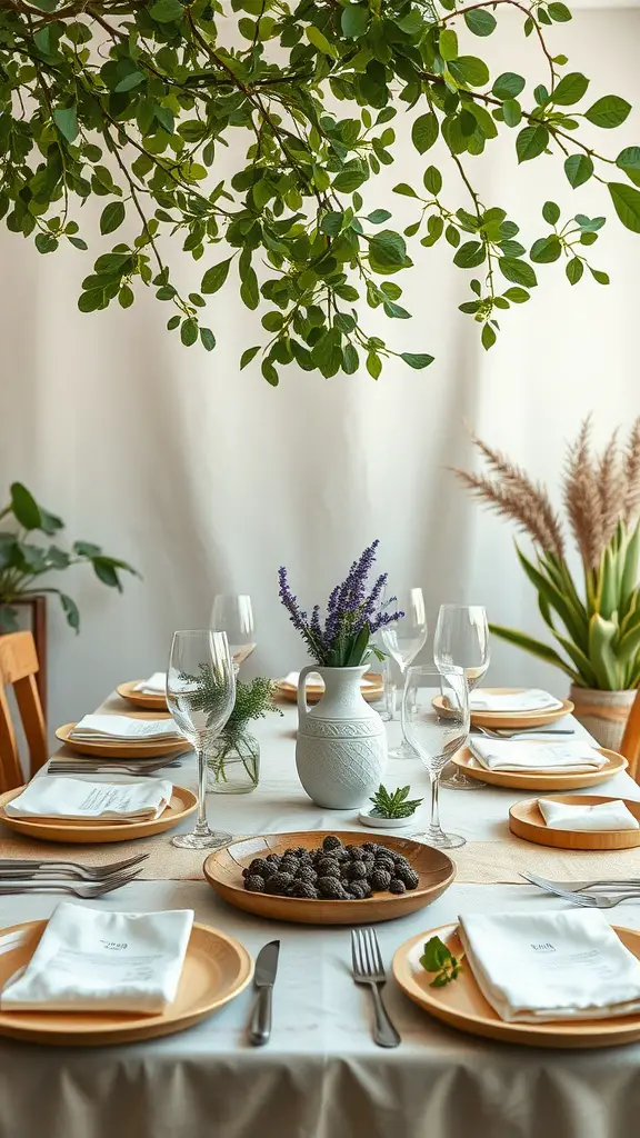 A beautifully set dining table with greenery, wooden plates, glassware, and a ceramic pitcher with lavender.